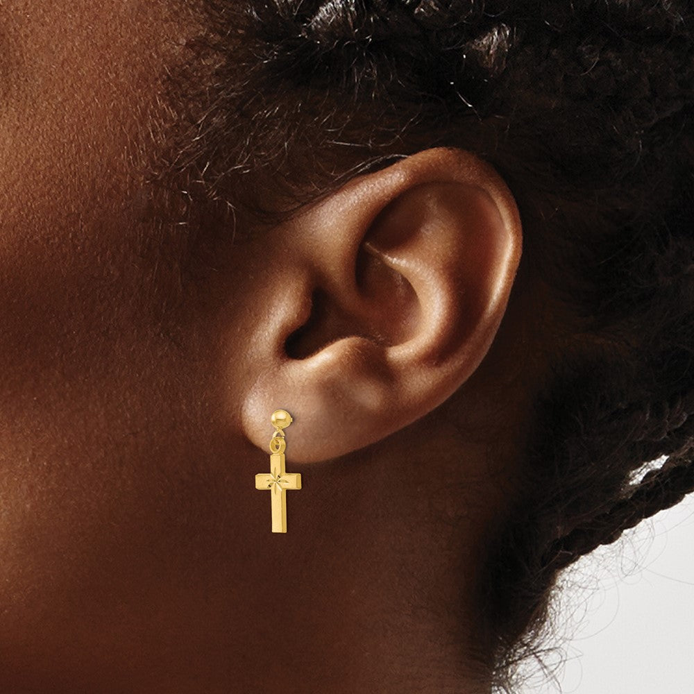 14K Gelbgold Satiniert & Diamantiert Kreuz Ohrringe