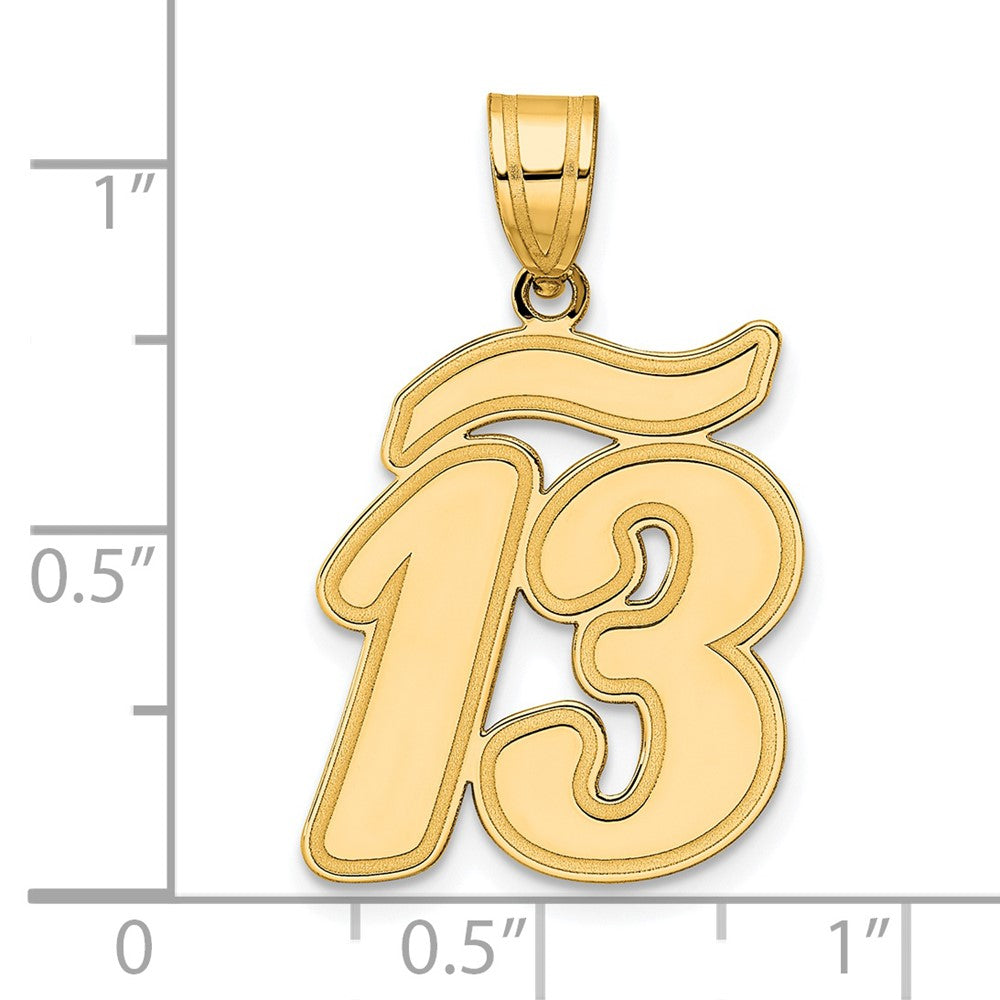 14K Gelbgold Anhänger mit gebürstetem Rand, Zahl 13 in Schreibschrift