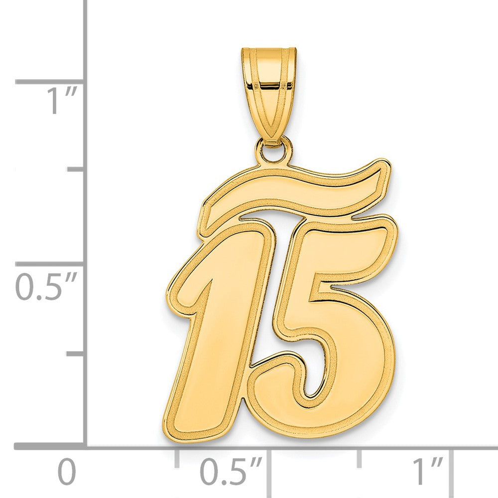14K Gelbgold Anhänger mit gebürstetem Rand, Zahl 15 in Schreibschrift