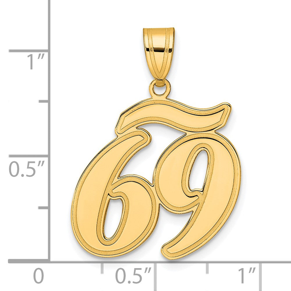 14K Gelbgold Anhänger mit Nummer 69 in Schriftzug und gebürstetem Rand