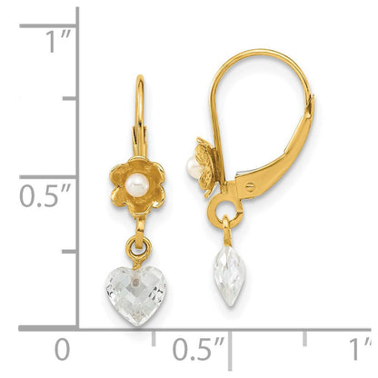 14K Gelbgold 14ky Poliert Süßwasser Zuchtperle & Zirkonia Blume Ohrhänger mit Brisur