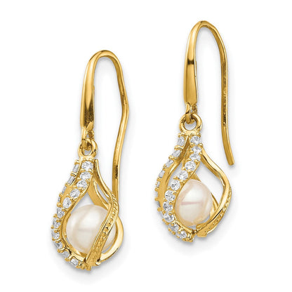 14K Gelbgold Weiß Süßwasser Zuchtperle Zirkonia Cage Ohrhänger