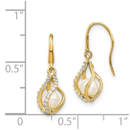 14K Gelbgold Weiß Süßwasser Zuchtperle Zirkonia Cage Ohrhänger