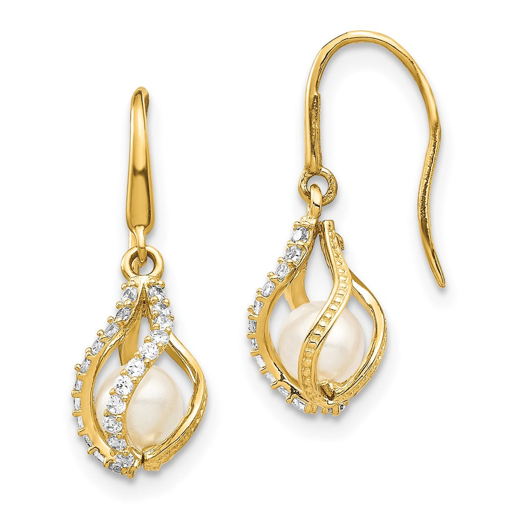 14K Gelbgold Weiß Süßwasser Zuchtperle Zirkonia Cage Ohrhänger