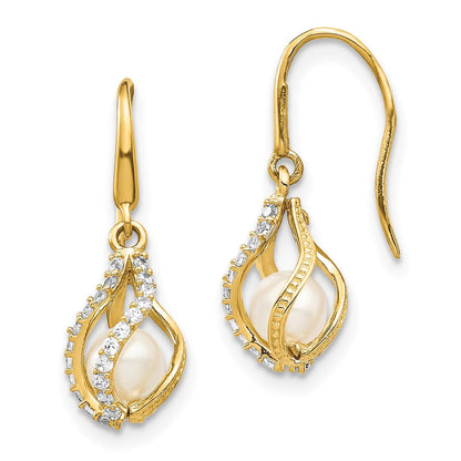 14K Gelbgold Weiß Süßwasser Zuchtperle Zirkonia Cage Ohrhänger