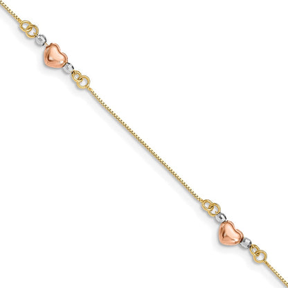 7.25 Zoll 14K Tricolor Gewölbt Herz Armband