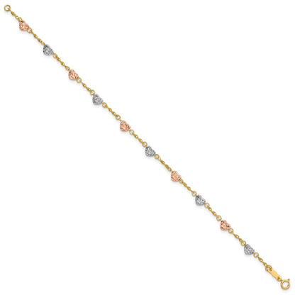7 Zoll 14K Tricolor Diamantiert Puff Herz Armband