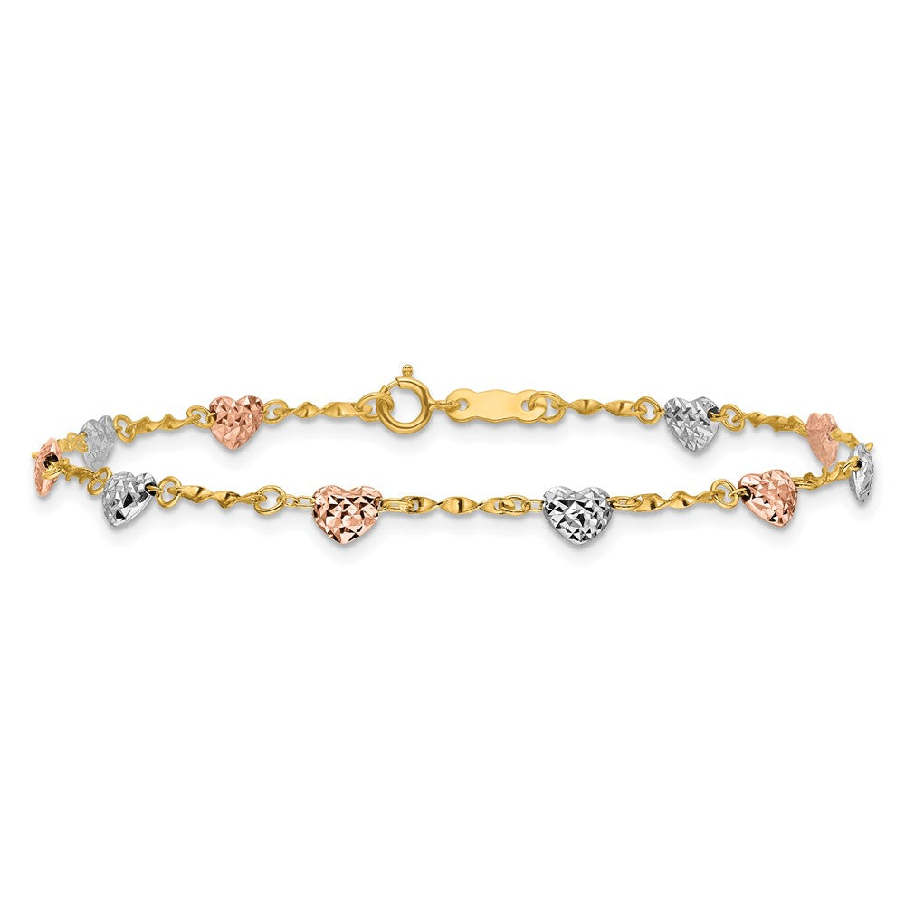 7 Zoll 14K Tricolor Diamantiert Puff Herz Armband