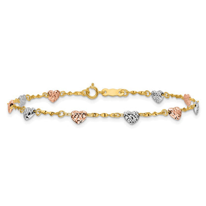 7 Zoll 14K Tricolor Diamantiert Puff Herz Armband