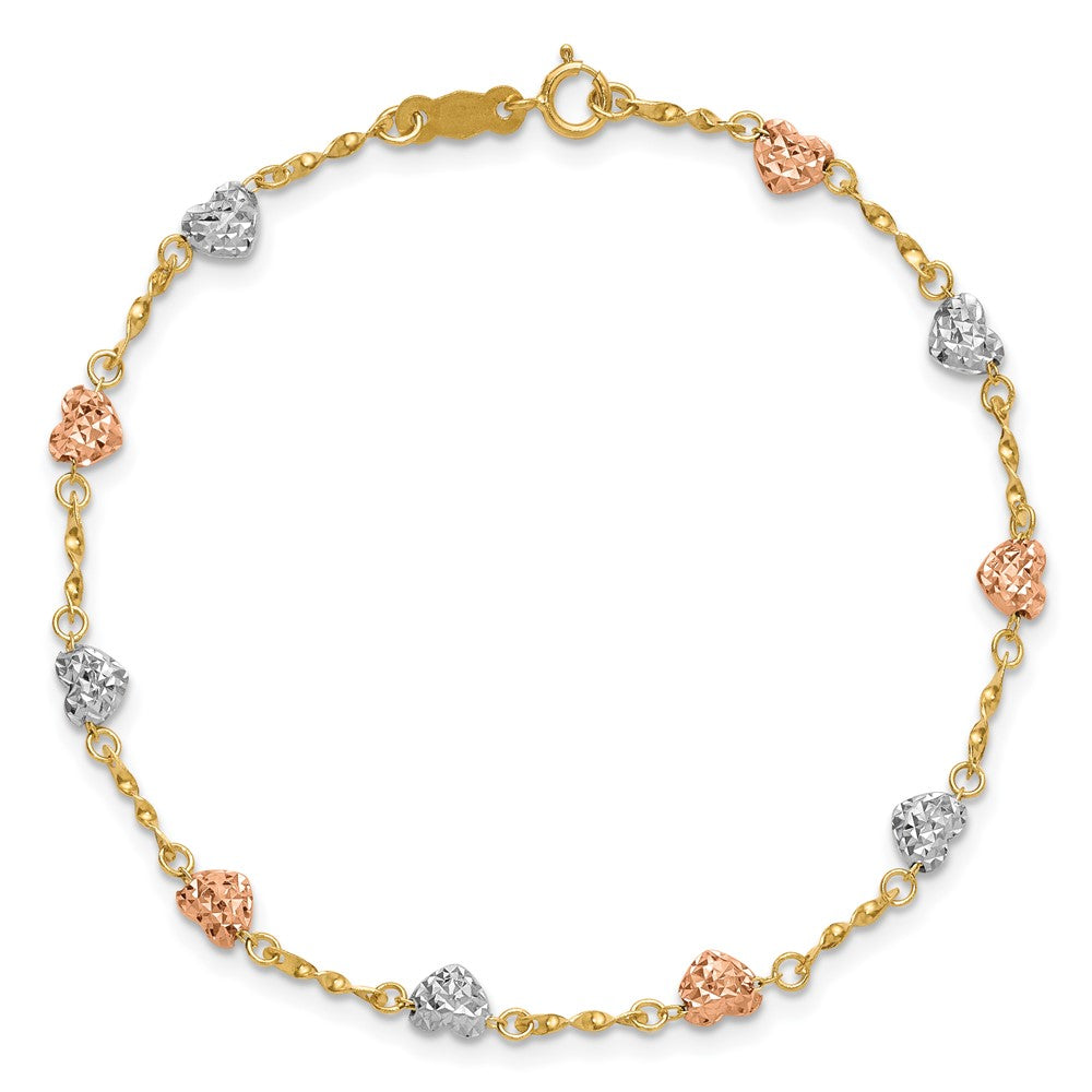 7 Zoll 14K Tricolor Diamantiert Puff Herz Armband