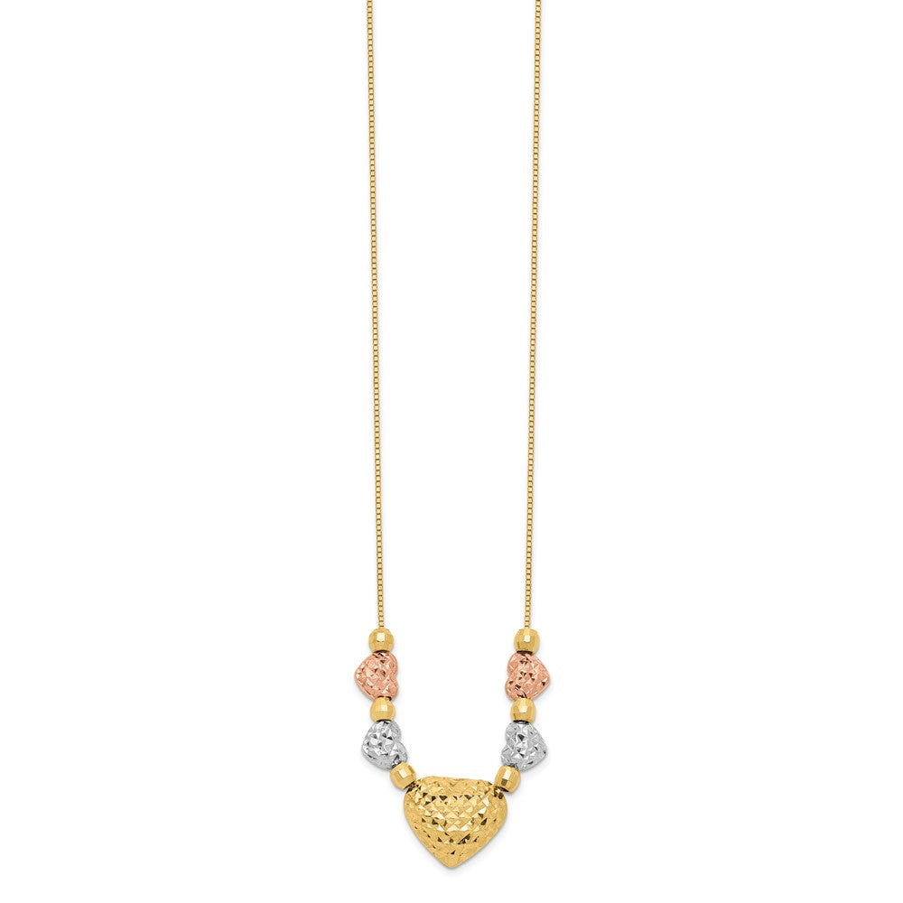 14K Tricolor Puff & Flach Herzen Halskette