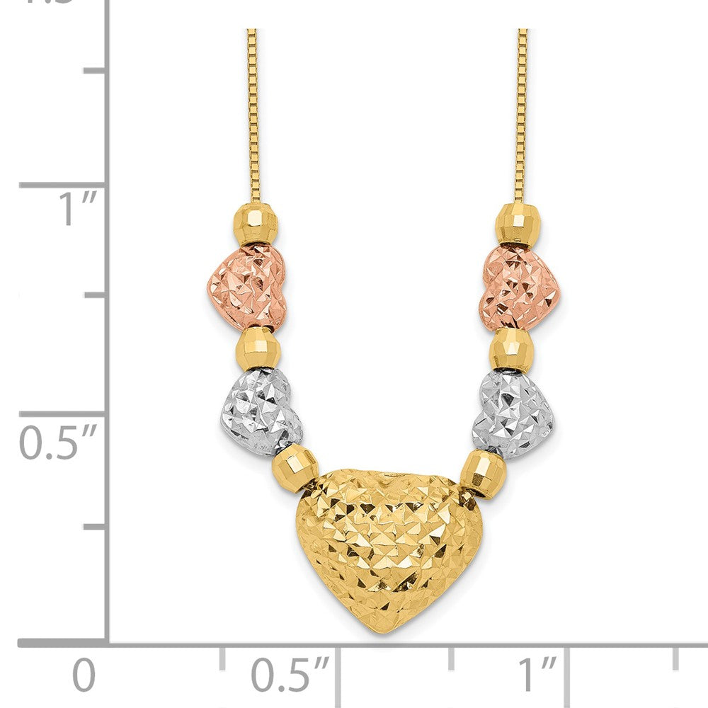 14K Tricolor Puff & Flach Herzen Halskette