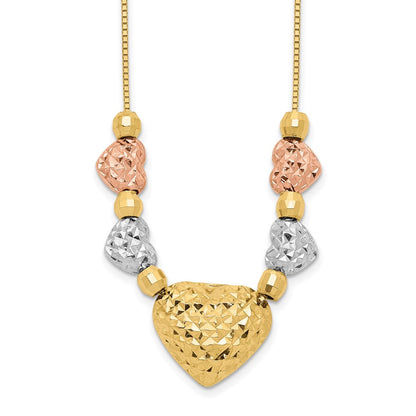 14K Tricolor Puff & Flach Herzen Halskette