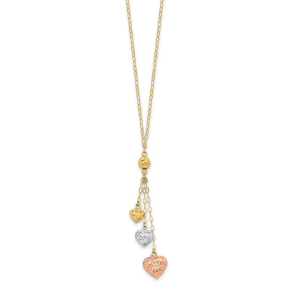 14K Tricolor Puff Herz Lariat mit 2 Zoll Verlängerung Halskette