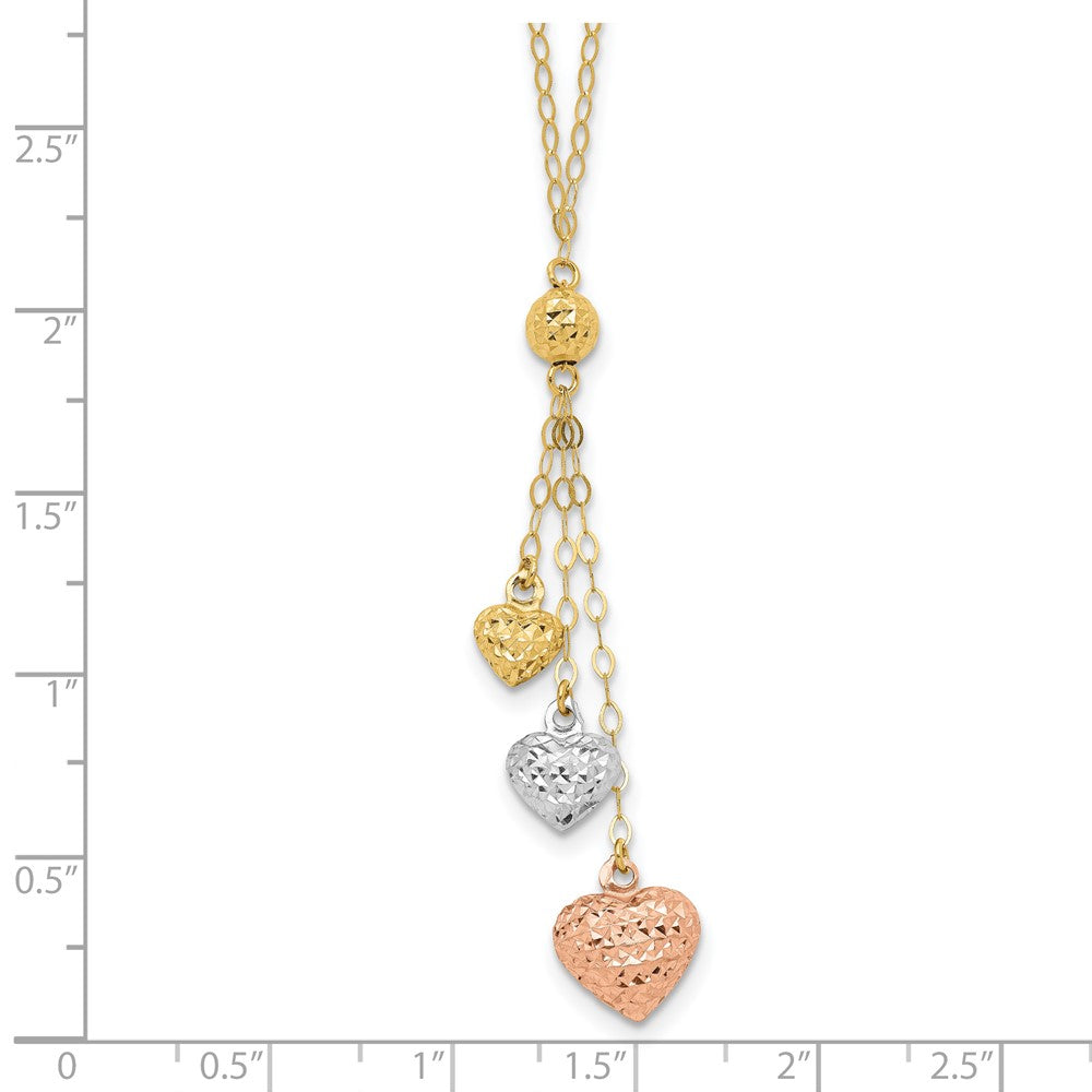 14K Tricolor Puff Herz Lariat mit 2 Zoll Verlängerung Halskette
