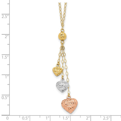 14K Tricolor Puff Herz Lariat mit 2 Zoll Verlängerung Halskette
