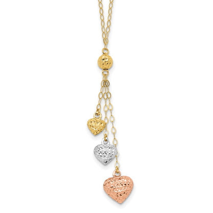 14K Tricolor Puff Herz Lariat mit 2 Zoll Verlängerung Halskette