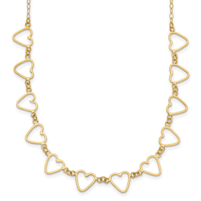 14K Gelbgold Oval Ankerkette mit Offen Flach Herzen 16 Zoll mit 2 Zoll Verlängerung Halskette