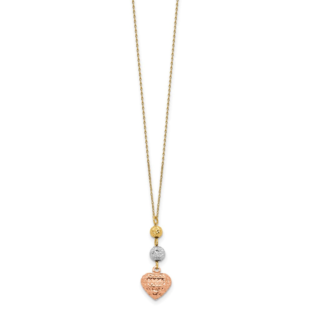14K Tricolor Ropa Diamantiert Perlen & Herz mit 2 Zoll Verlängerung Halskette