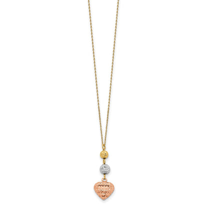 14K Tricolor Ropa Diamantiert Perlen & Herz mit 2 Zoll Verlängerung Halskette