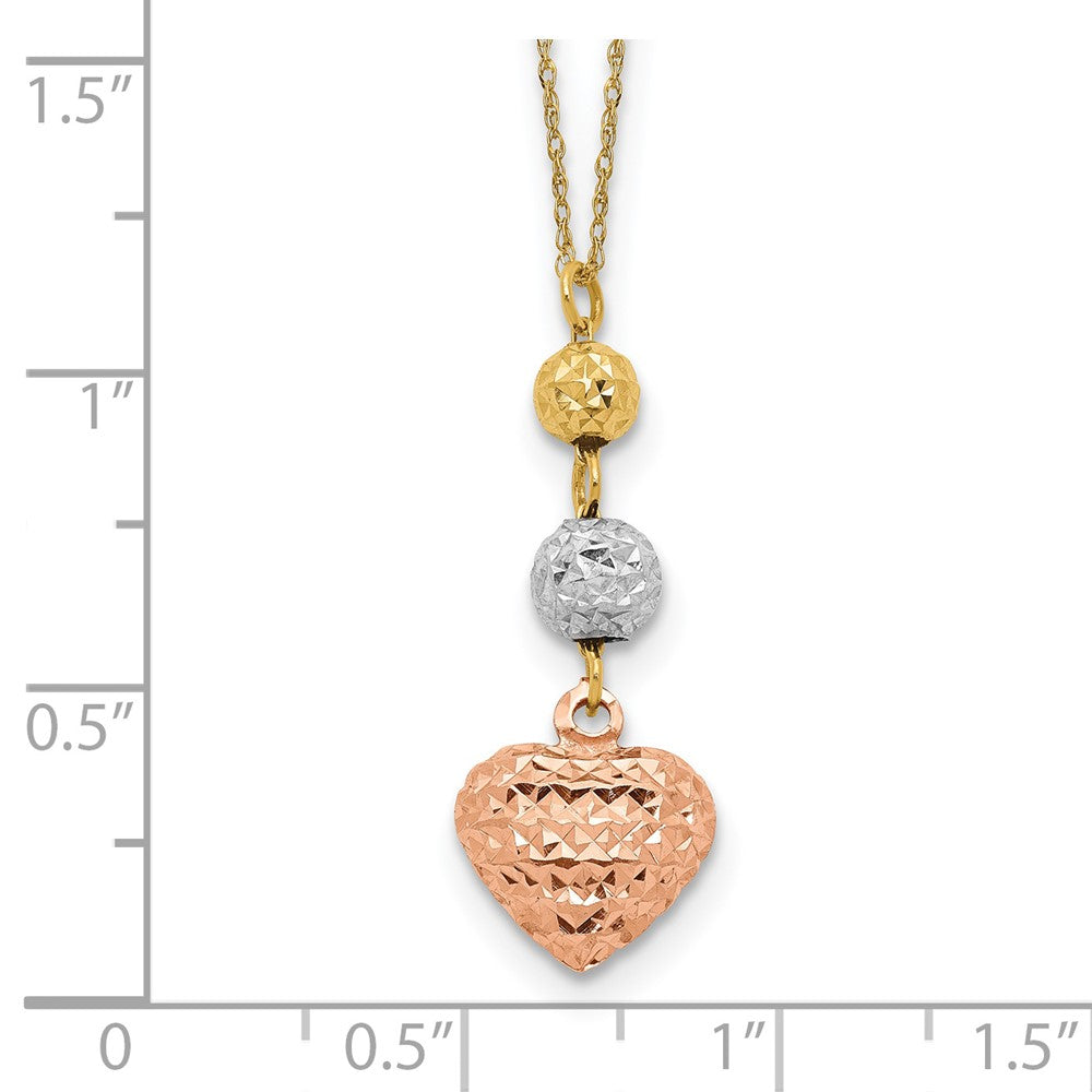 14K Tricolor Ropa Diamantiert Perlen & Herz mit 2 Zoll Verlängerung Halskette