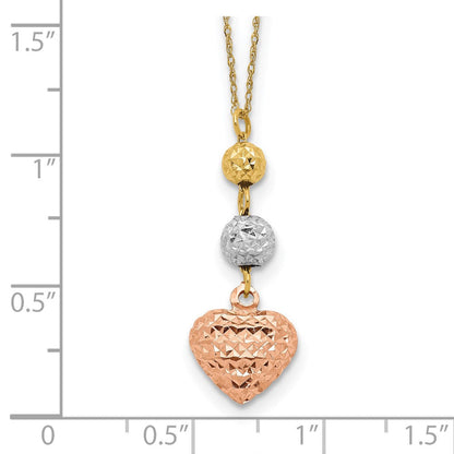 14K Tricolor Ropa Diamantiert Perlen & Herz mit 2 Zoll Verlängerung Halskette