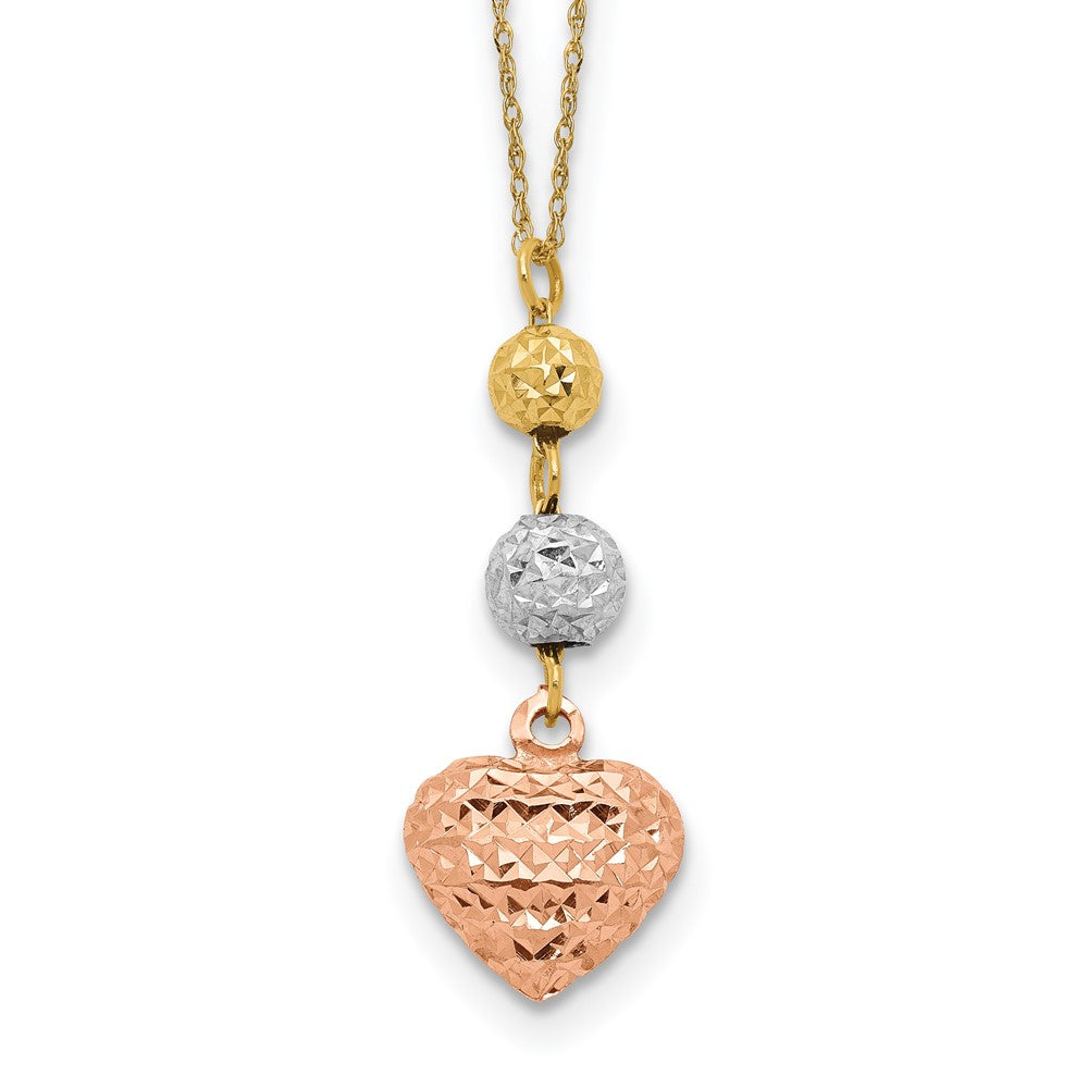 14K Tricolor Ropa Diamantiert Perlen & Herz mit 2 Zoll Verlängerung Halskette