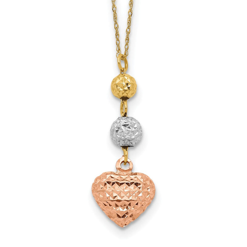 14K Tricolor Ropa Diamantiert Perlen & Herz mit 2 Zoll Verlängerung Halskette