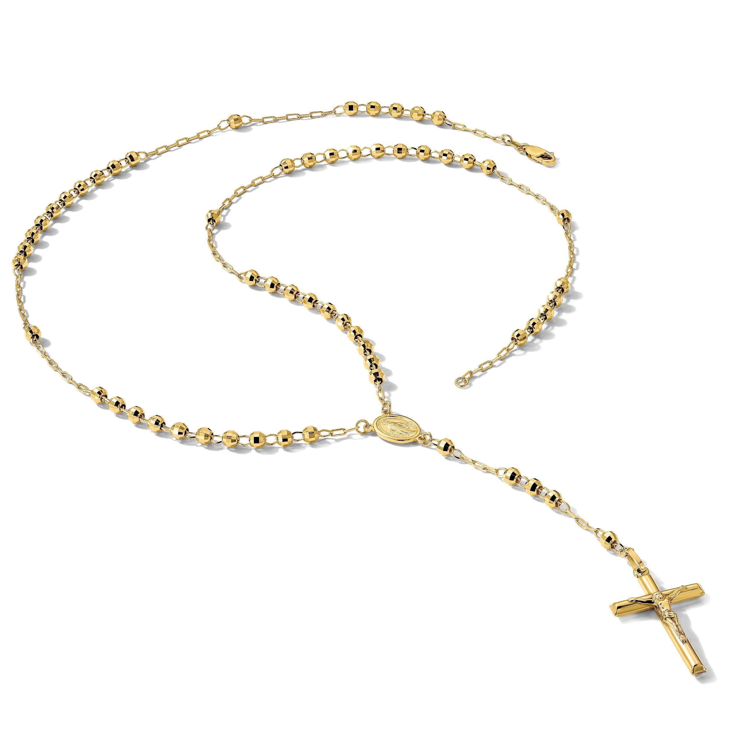 14K Gelbgold Diamantiert 4mm Gekugelt Halbmassiv Rosenkranz 24 Zoll Halskette