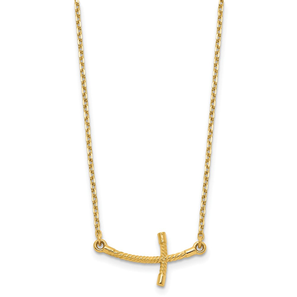 14K Gelbgold Klein Seitlich Gebogen Gedreht Kreuz Halskette