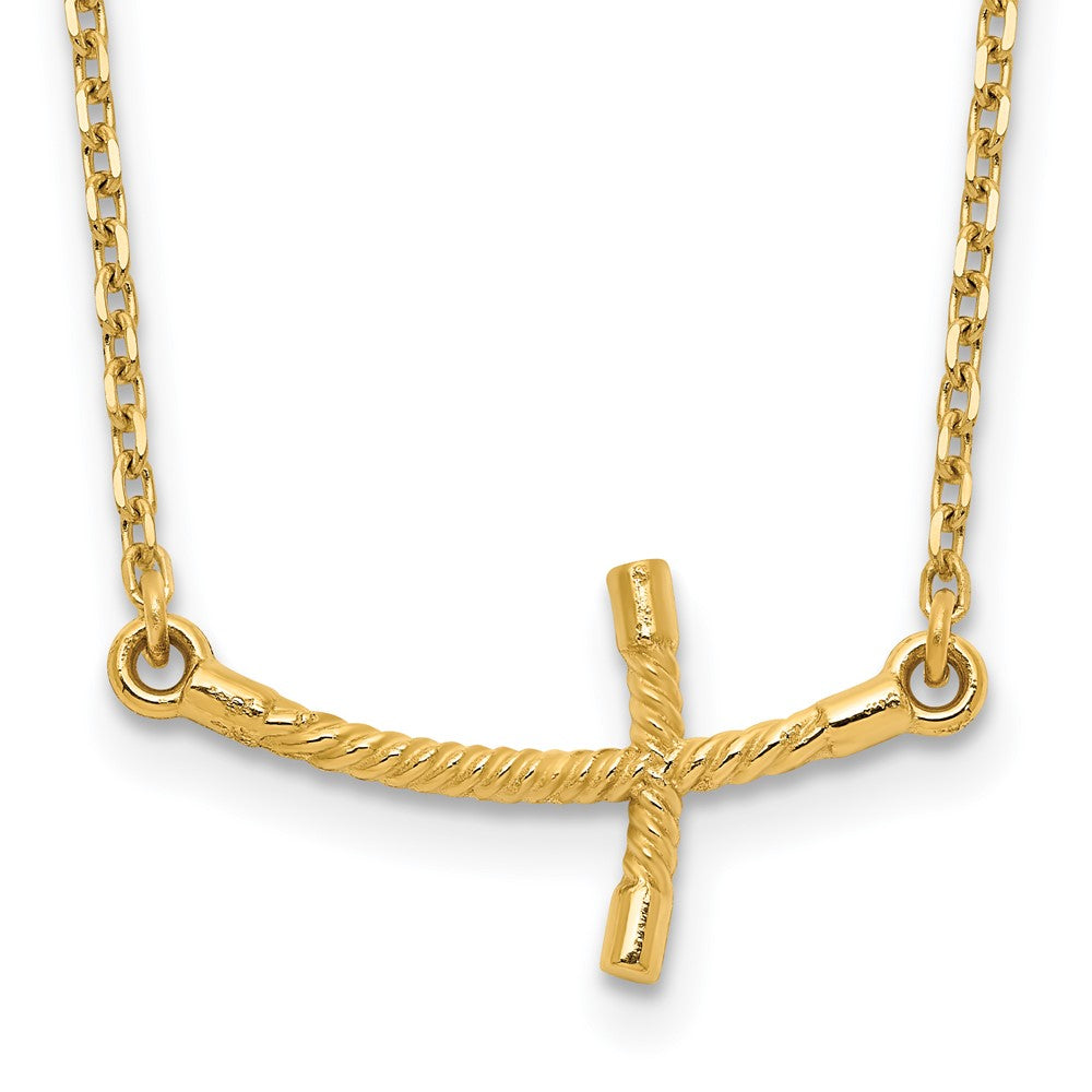 14K Gelbgold Klein Seitlich Gebogen Gedreht Kreuz Halskette