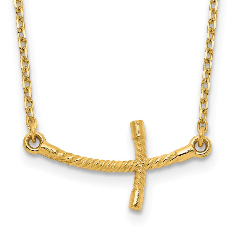 14K Gelbgold Klein Seitlich Gebogen Gedreht Kreuz Halskette