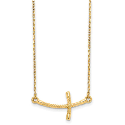 14K Gelbgold Groß Seitlich Gebogen Gedreht Kreuz Halskette