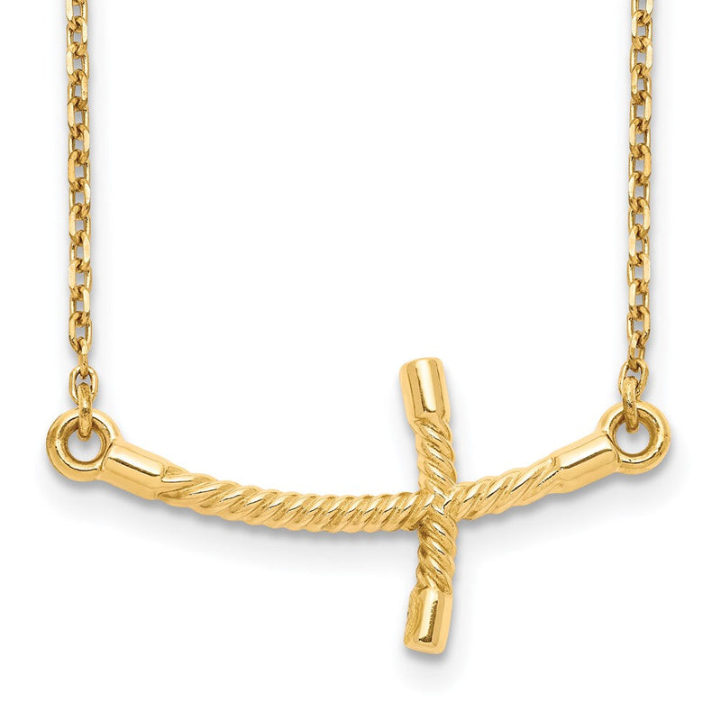 14K Gelbgold Groß Seitlich Gebogen Gedreht Kreuz Halskette
