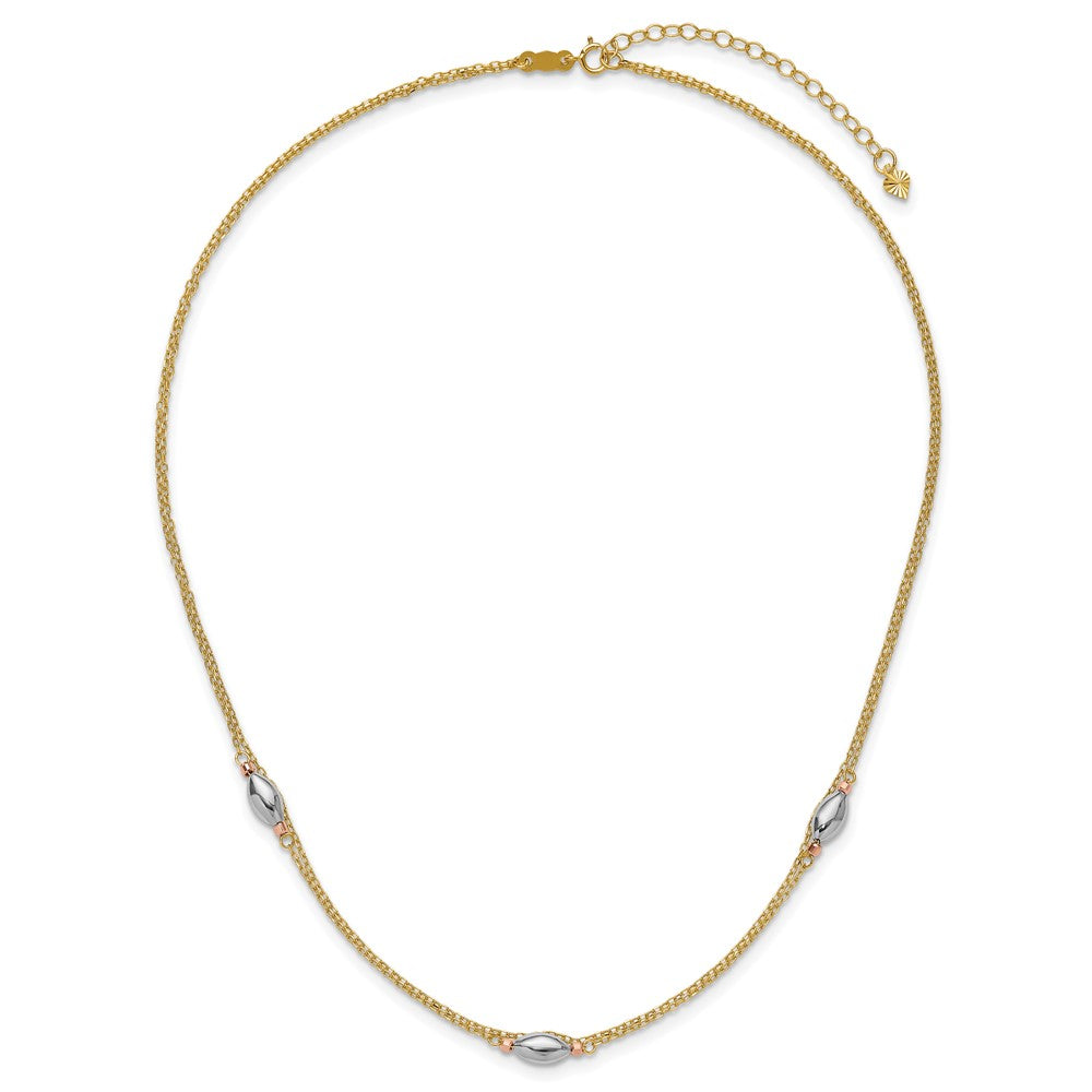 14K Tricolor 2 Strang mit Puff Perlen mit 2 in Verlängerung Halskette