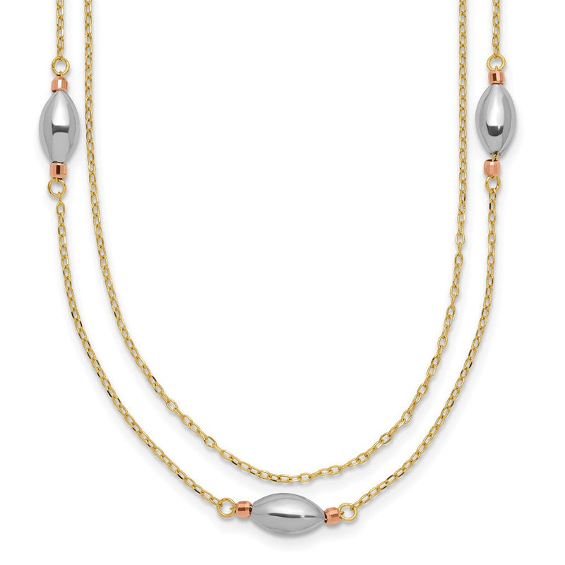 14K Tricolor 2 Strang mit Puff Perlen mit 2 in Verlängerung Halskette