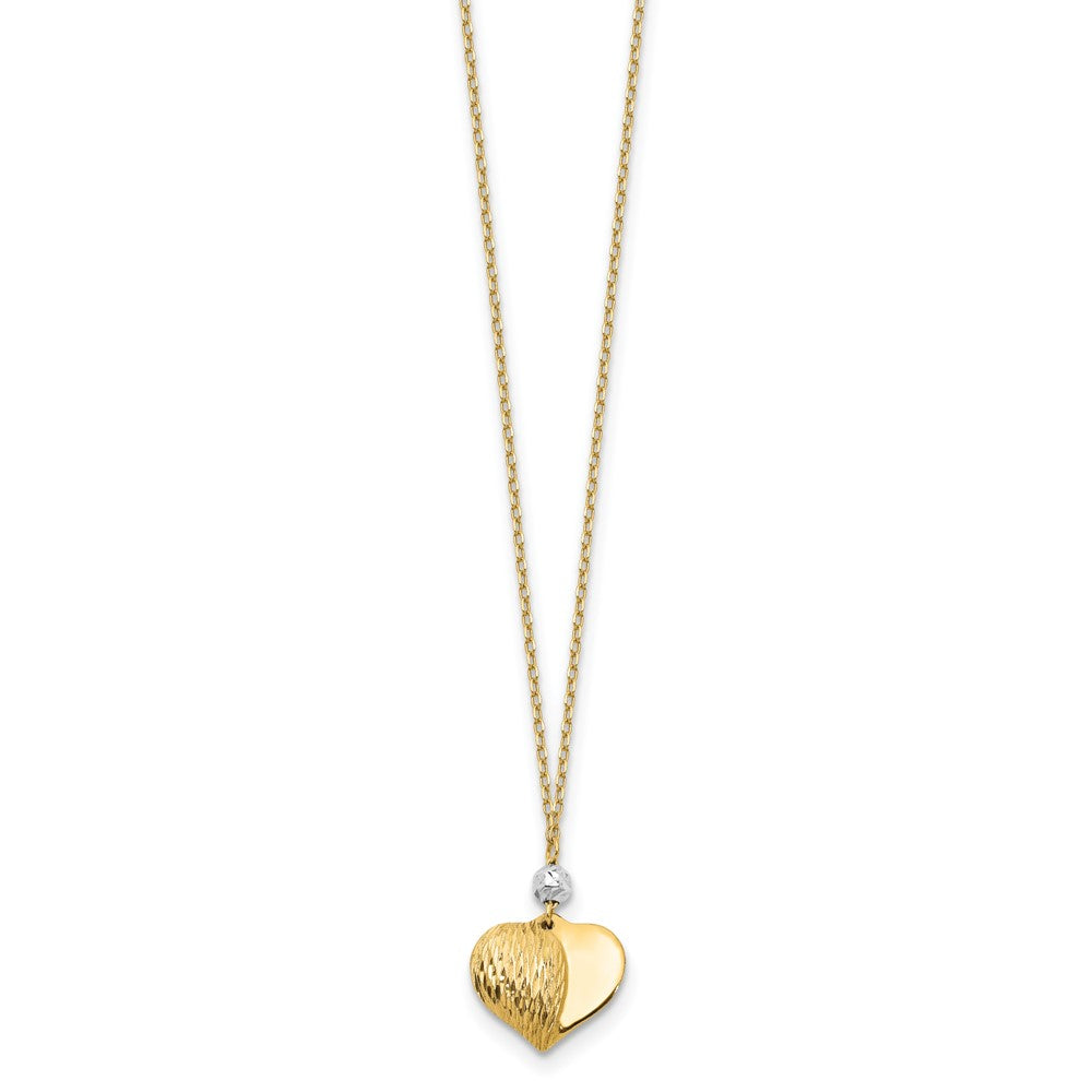 14K Bicolor Poliert & Diamantiert Gewölbt Herz 18 Zoll Halskette