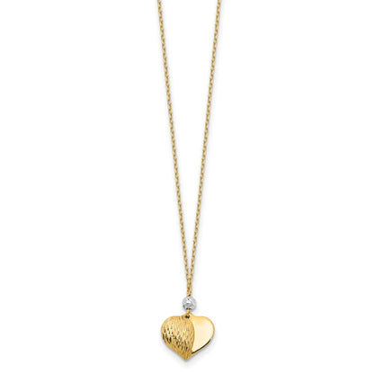14K Bicolor Poliert & Diamantiert Gewölbt Herz 18 Zoll Halskette