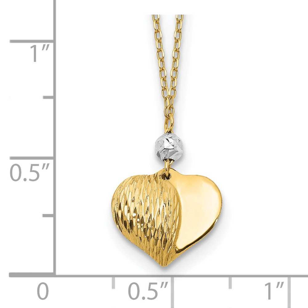14K Bicolor Poliert & Diamantiert Gewölbt Herz 18 Zoll Halskette