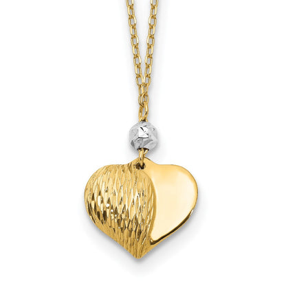 14K Bicolor Poliert & Diamantiert Gewölbt Herz 18 Zoll Halskette