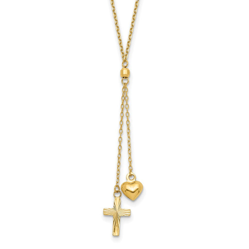 16.00 Zoll 14K Gewölbt Herz & Diamantiert Kreuz Abgestuft Kette mit 2 in Verlängerung Halskette