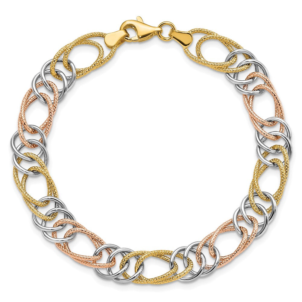 7.25 Zoll 14K Tricolor Poliert/textured Fantasie Doppelt Glieder Armband
