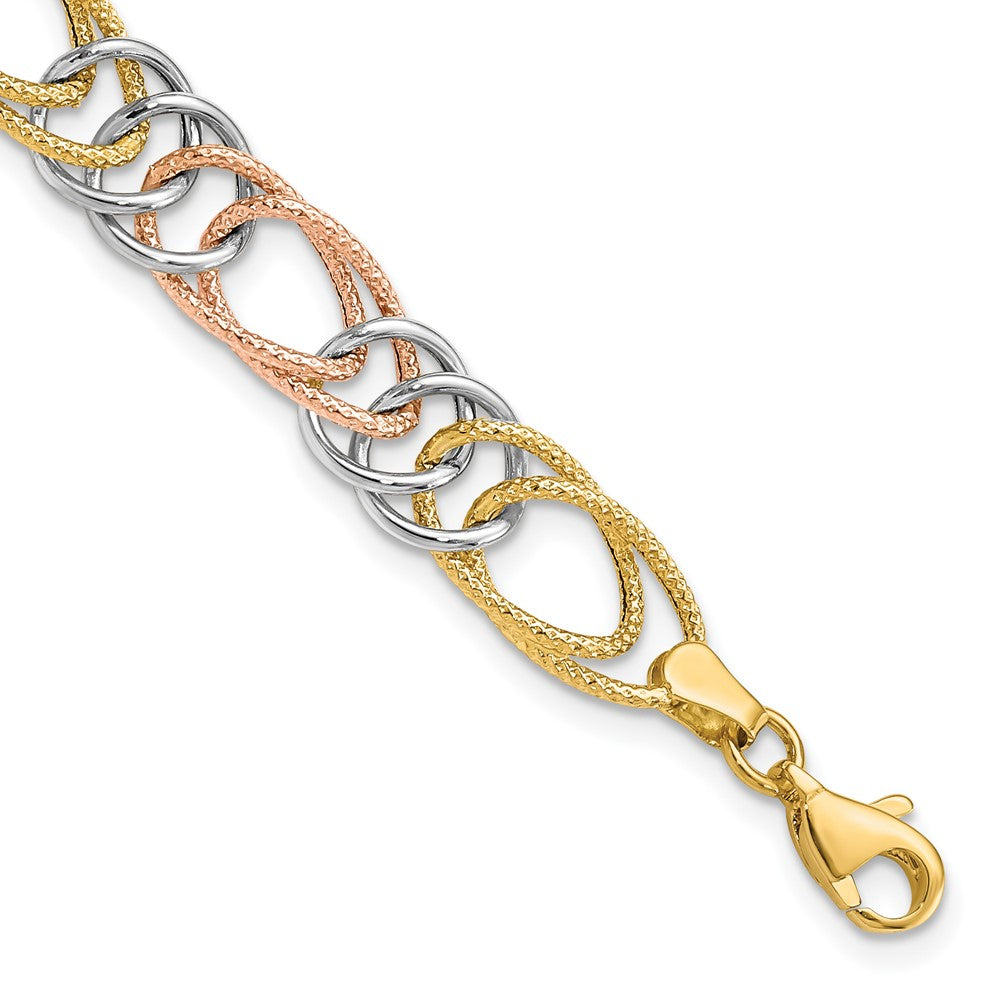 7.25 Zoll 14K Tricolor Poliert/textured Fantasie Doppelt Glieder Armband