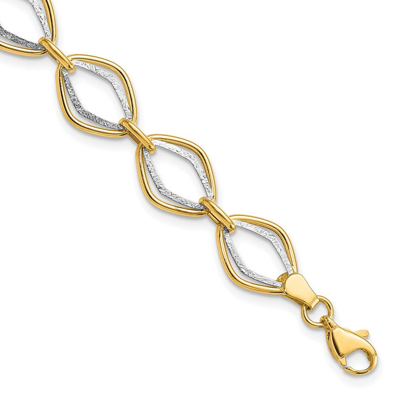 7.5 Zoll 14K Bicolor Poliert und Strukturiert Ovals Armband