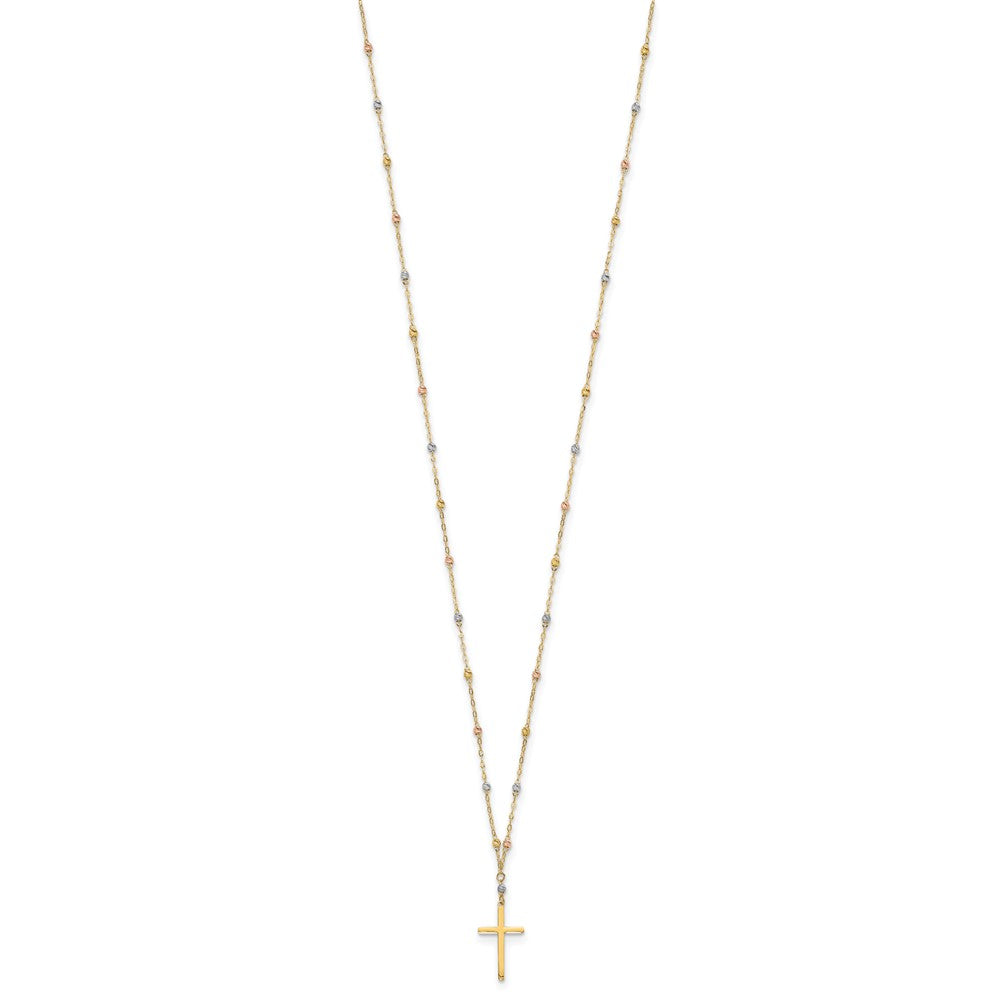 14K Tricolor Diamantiert Gekugelt Poliert Kreuz Halskette