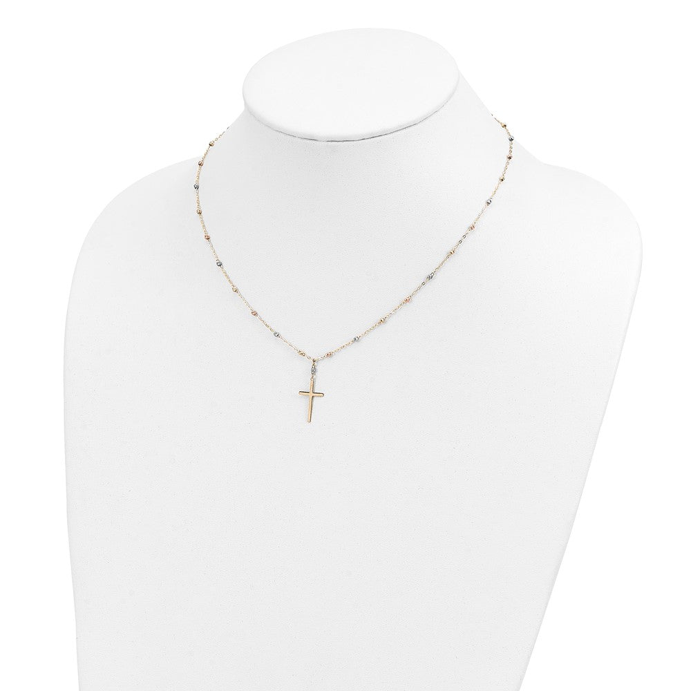 14K Tricolor Diamantiert Gekugelt Poliert Kreuz Halskette