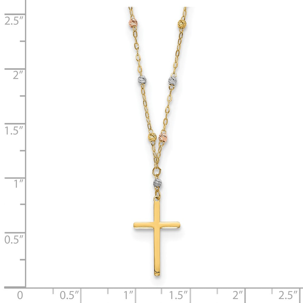 14K Tricolor Diamantiert Gekugelt Poliert Kreuz Halskette