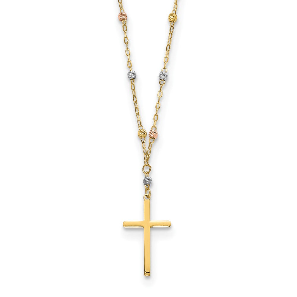 14K Tricolor Diamantiert Gekugelt Poliert Kreuz Halskette