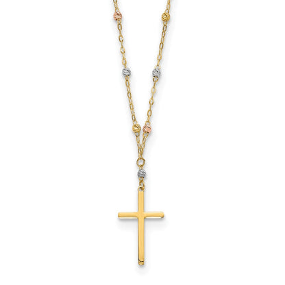 14K Tricolor Diamantiert Gekugelt Poliert Kreuz Halskette
