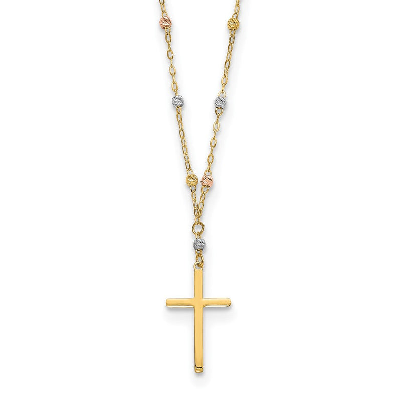 14K Tricolor Diamantiert Gekugelt Poliert Kreuz Halskette